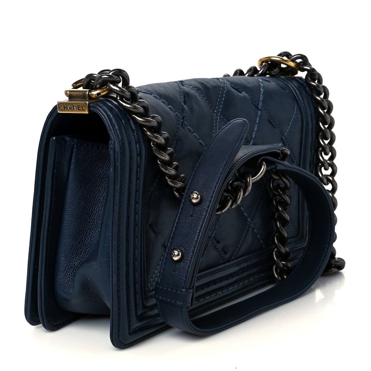 Chanel Calfskin Quilted Double Stitch Medium Boy Flap Navy Blue 3 of 10