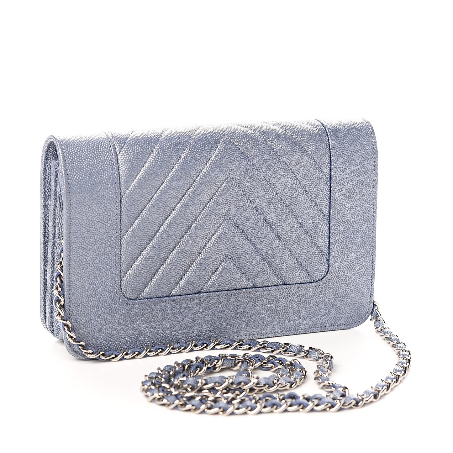 Metallic Caviar Chevron Quilted Vintage Mademoiselle Wallet On Chain WOC Blue