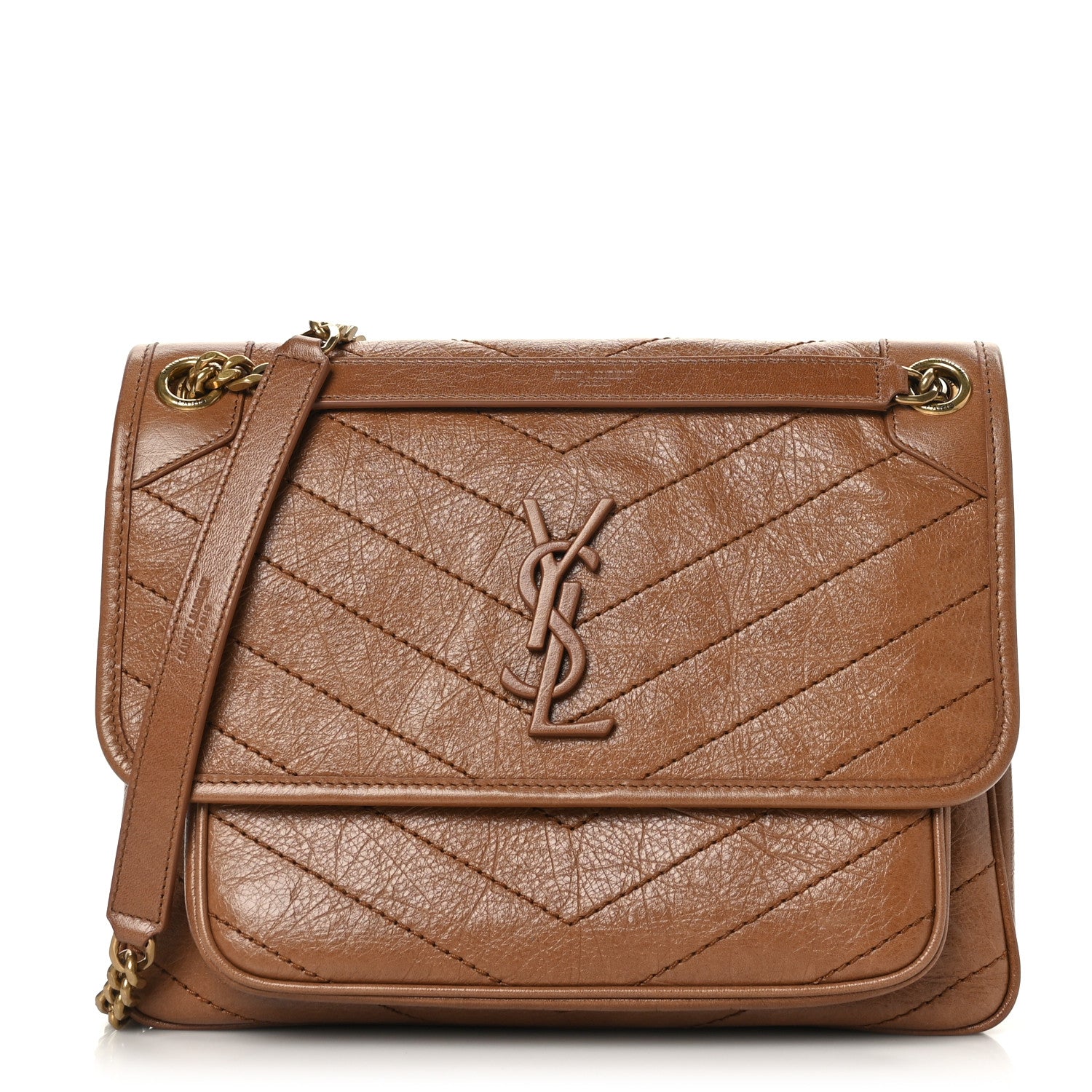 Saint Laurent Crinkled Calfskin Matelasse Monogram Medium Niki Chain Satchel Caramel 1 of 9