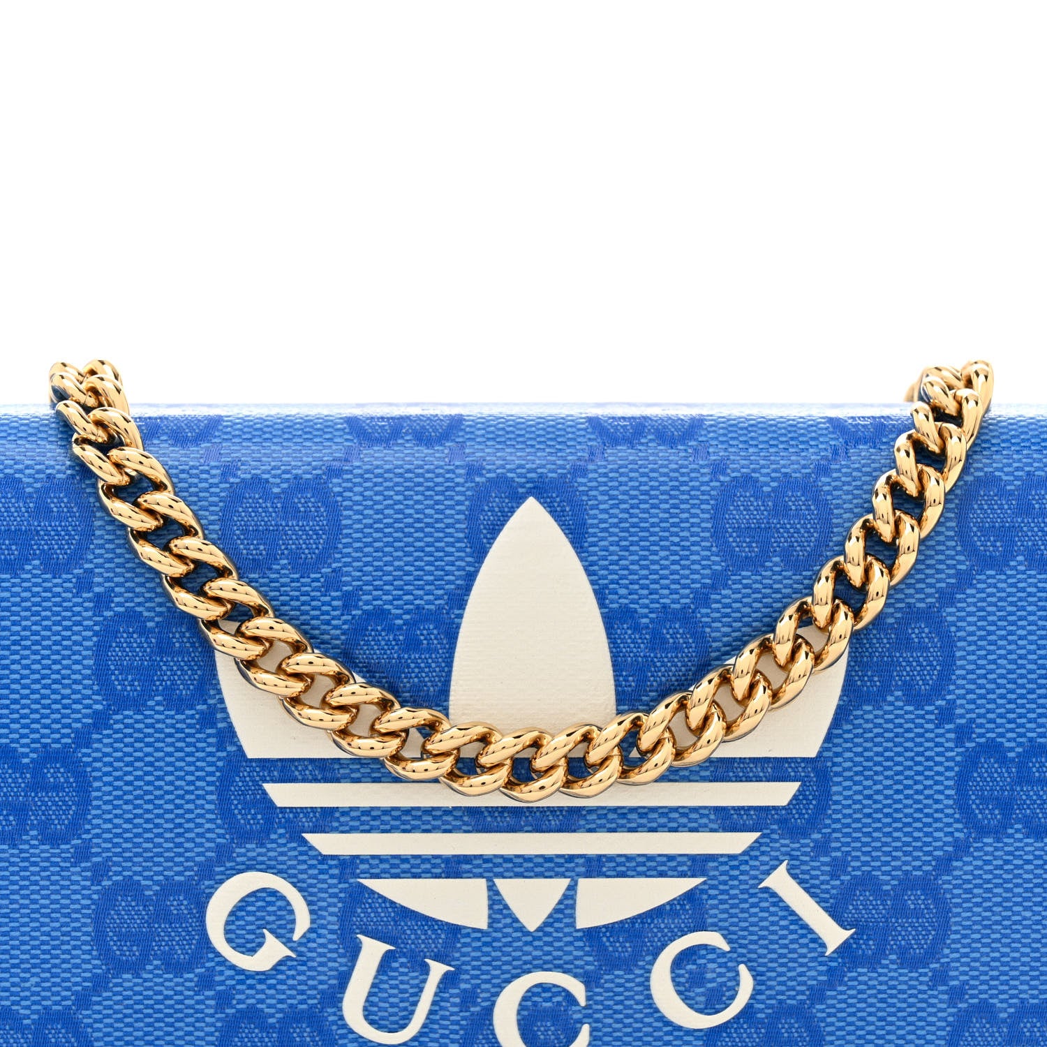 Gucci X ADIDAS Monogram Textured Dollar Calfskin Trefoil Embossed Wallet On Chain Blue 7 of 11