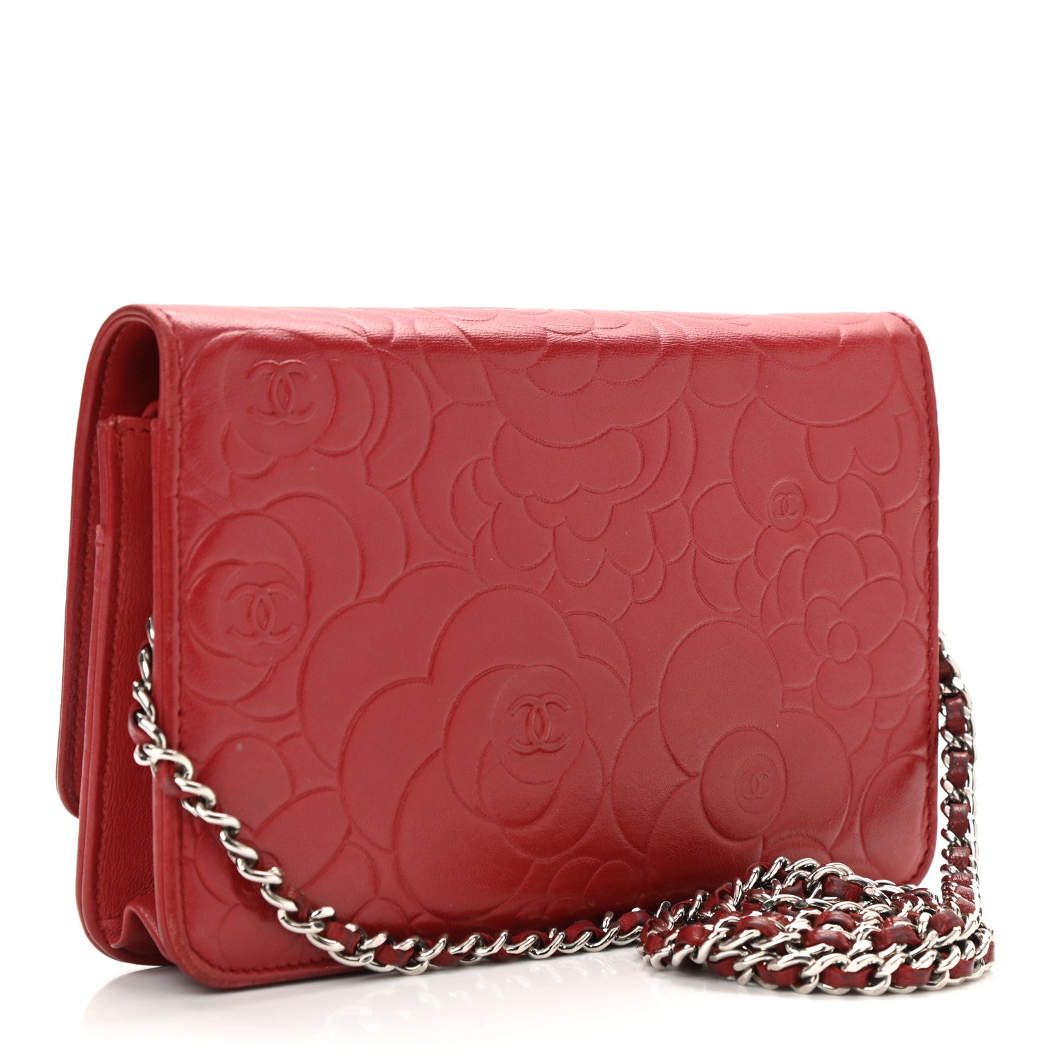 Chanel Lambskin Camellia Embossed Wallet On Chain WOC Red 3 of 13