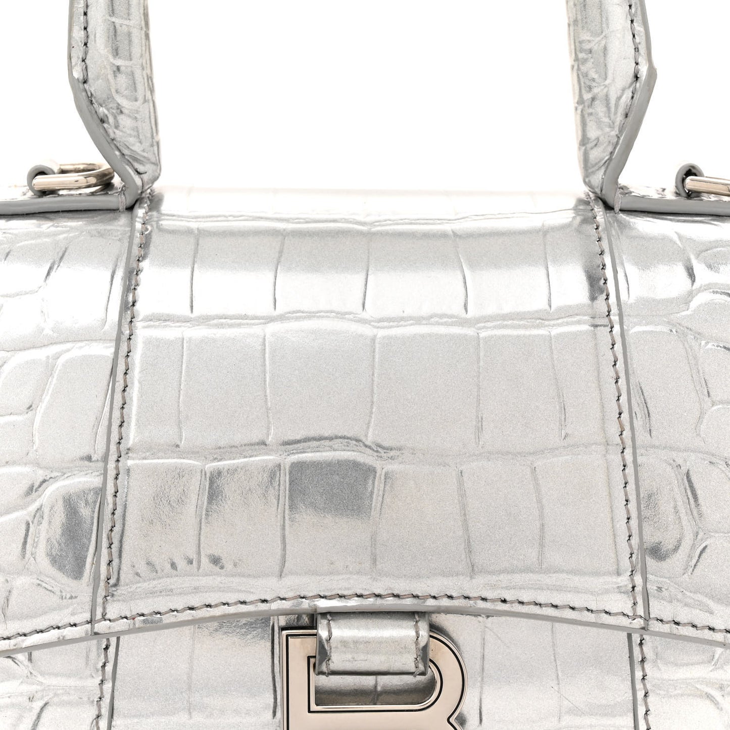 Metallic Calfskin Crocodile Embossed Hourglass Top Handle Bag XS Silver
