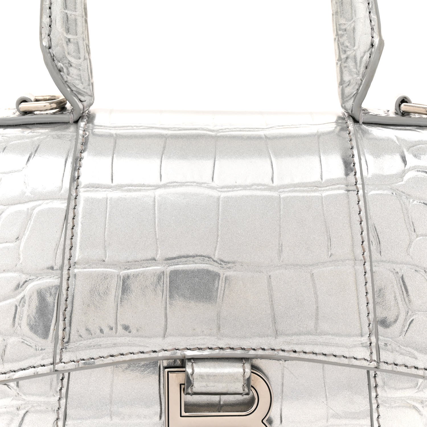 Balenciaga Metallic Calfskin Crocodile Embossed Hourglass Top Handle Bag XS Silver 7 of 15