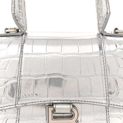 Balenciaga Metallic Calfskin Crocodile Embossed Hourglass Top Handle Bag XS Silver 7 of 15
