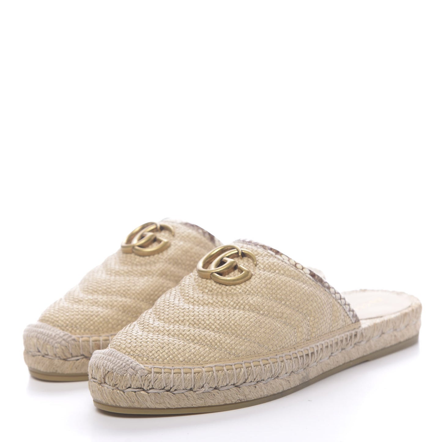 Straw Elaphe Matelasse GG Marmont Espadrille Slippers 37 Natural Cream Brown