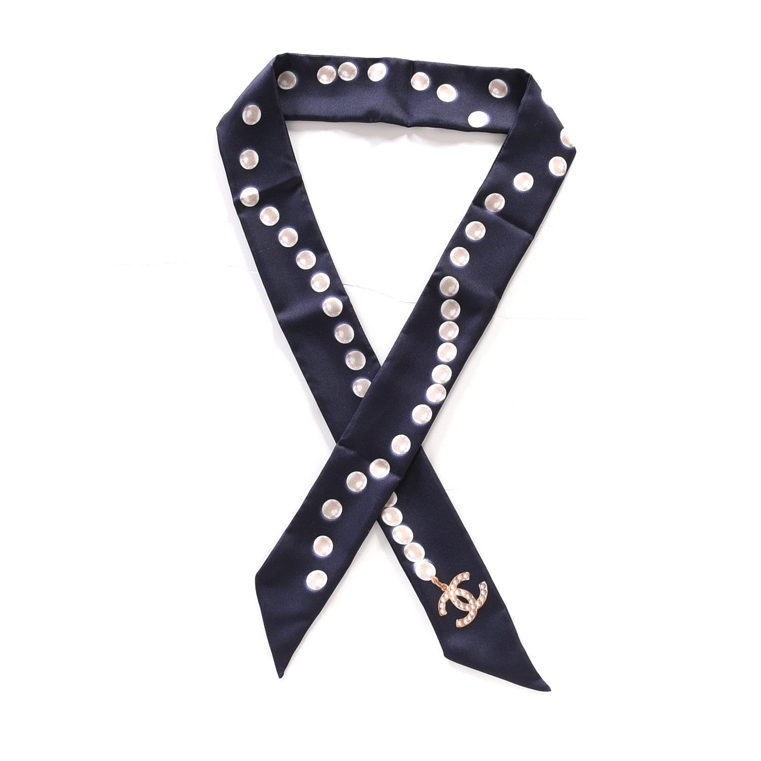 Chanel Silk Pearl CC Slim Bandeau Scarf Navy 1 of 3