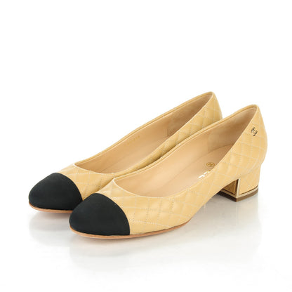 Chanel Lambskin Grosgrain Quilted CC Cap Toe Low Heel Pumps 41 Beige Black 3 of 9