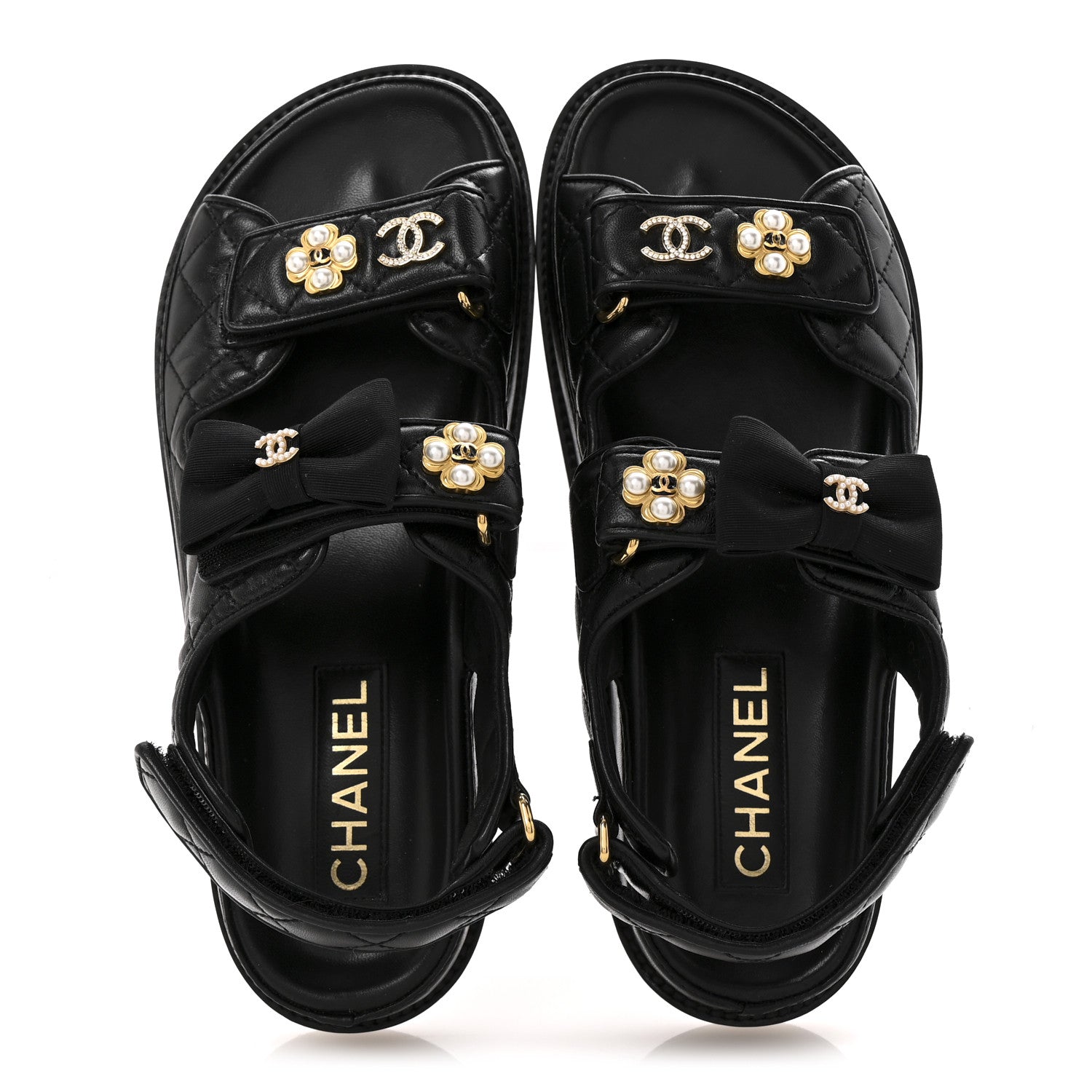 Chanel Lambskin Velcro CC Pearl Bow Dad Sandals 38 Black 2 of 10