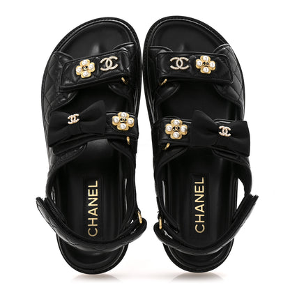 Chanel Lambskin Velcro CC Pearl Bow Dad Sandals 38 Black 2 of 10