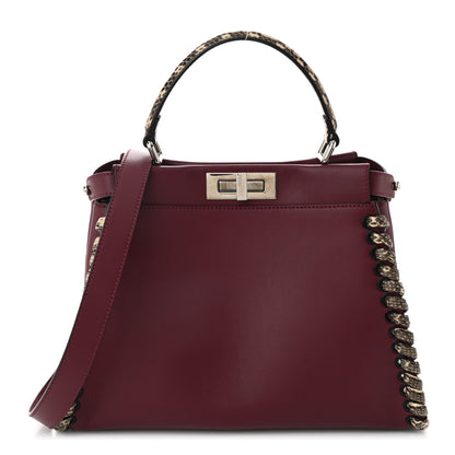 Fendi Calfskin Elaphe Lace Up Medium Peekaboo Iconic Satchel Bordeaux Beige Verde 1 of 11