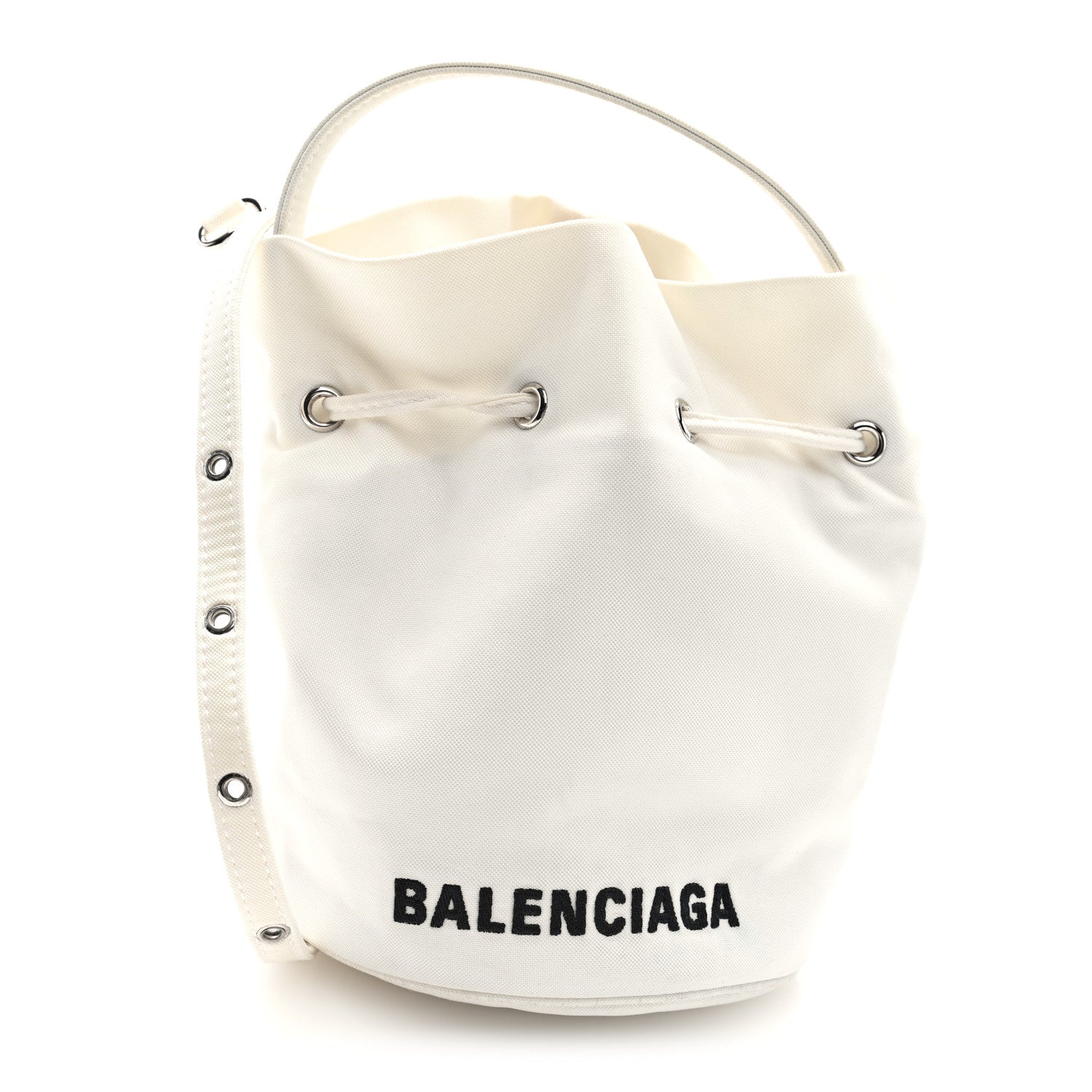 Balenciaga Recycled Sport Nylon Logo Embroidered Wheel Drawstring Bucket Bag XS White 1 of 9