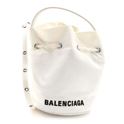 Balenciaga Recycled Sport Nylon Logo Embroidered Wheel Drawstring Bucket Bag XS White 1 of 9