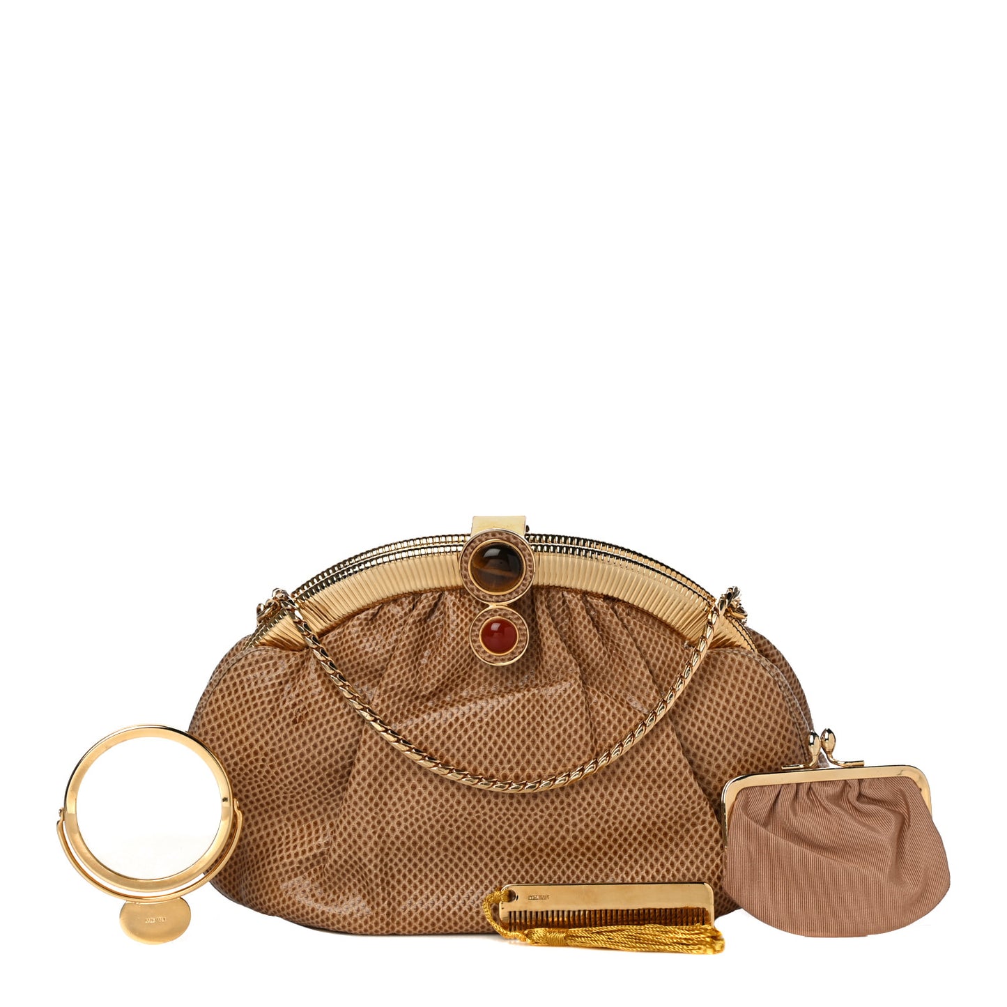 Lizard Embossed Pleated Evening Bag Brown Gold