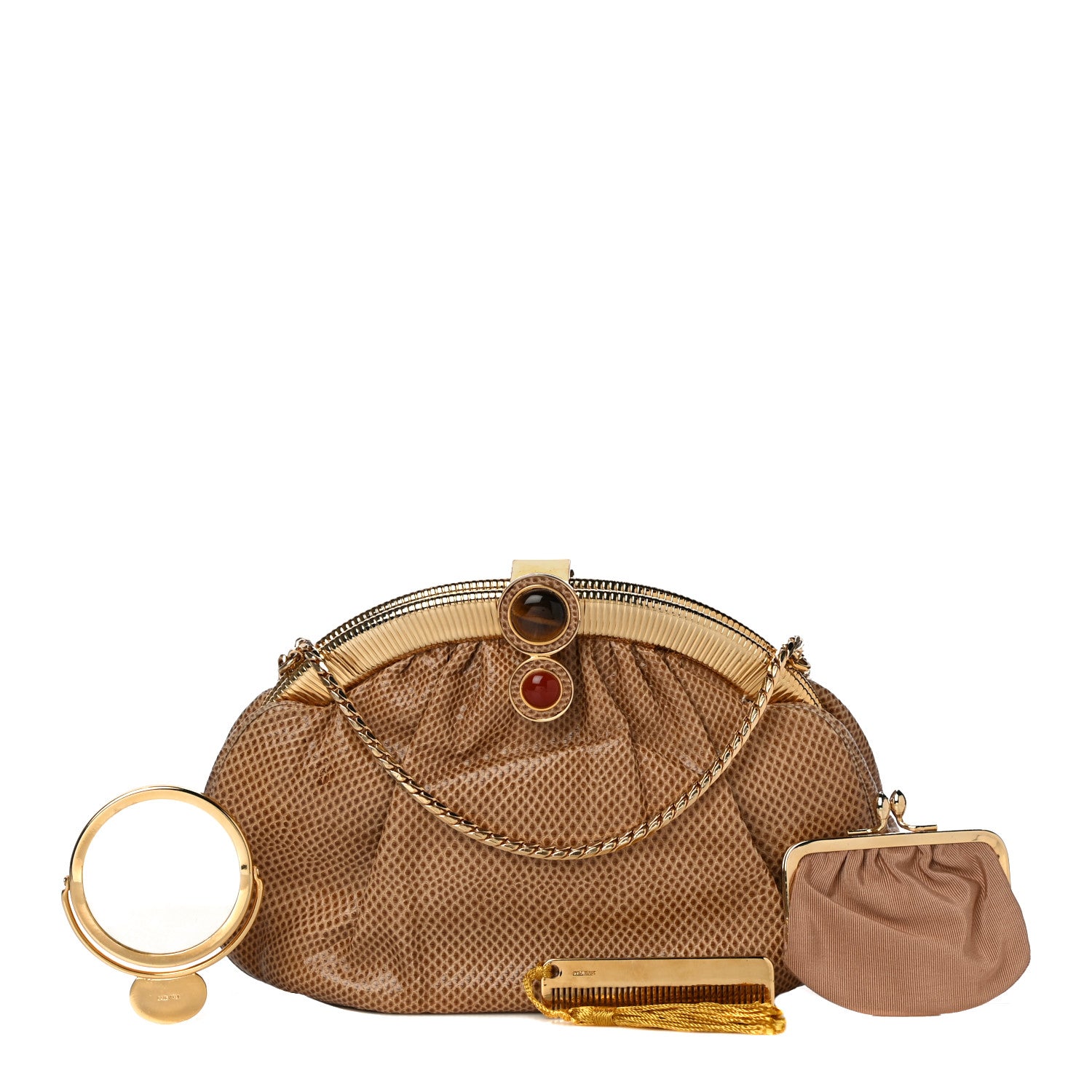 Judith Leiber Lizard Embossed Pleated Evening Bag Brown Gold 1 of 9