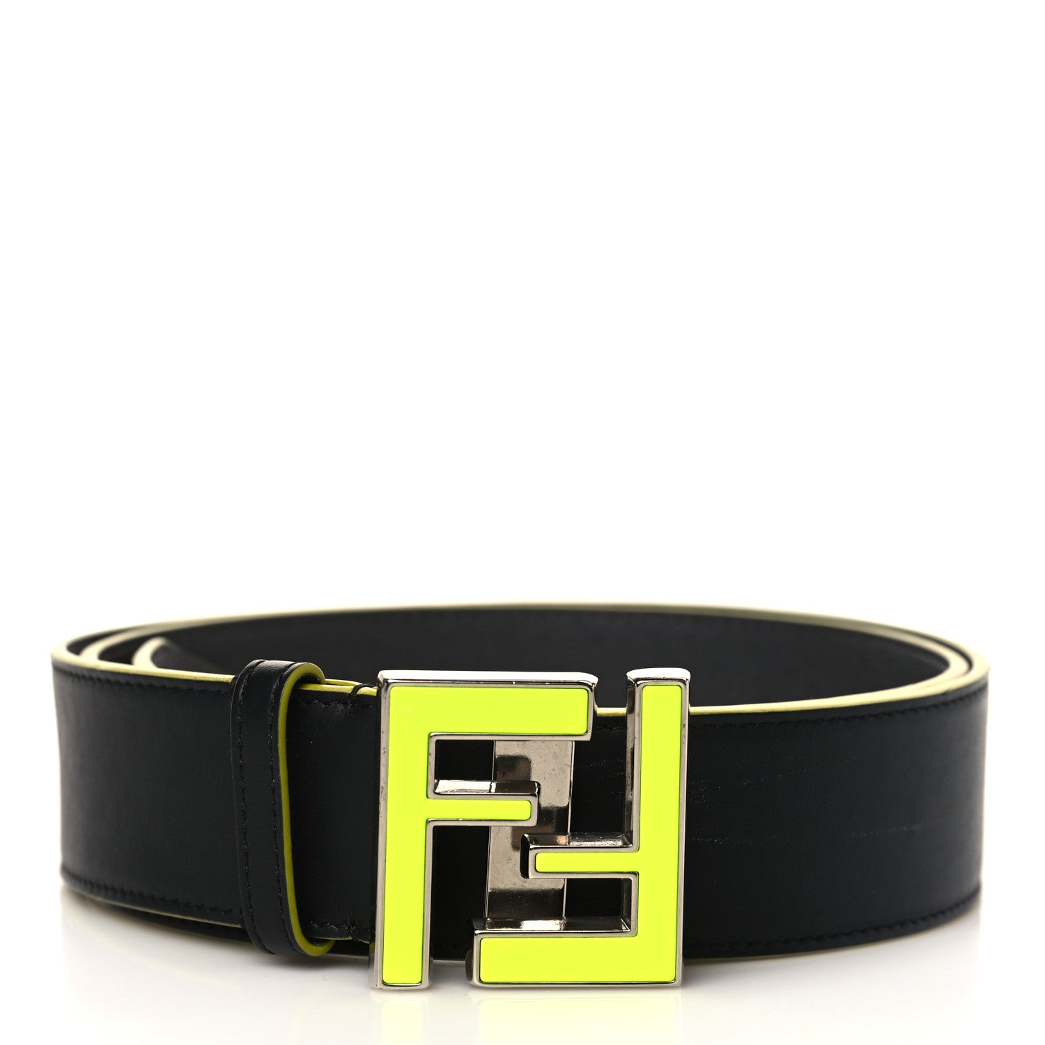 Fendi Vitello Century Elite Enamel FF Buckle Belt 100 40 Black Giallo Fluo 1 of 7