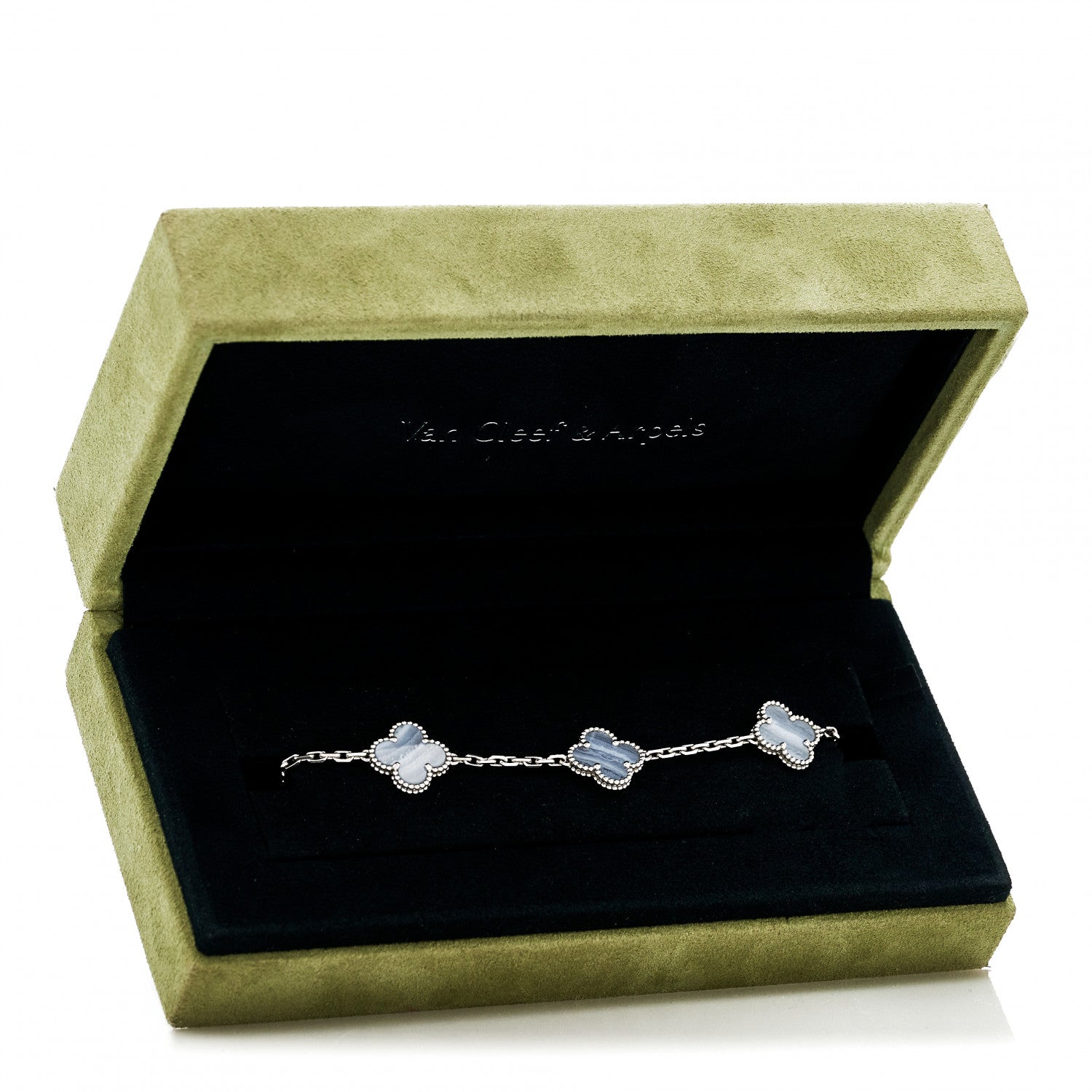 Van Cleef & Arpels 18K White Gold Chalcedony 5 Motifs Vintage Alhambra Bracelet 6 of 7