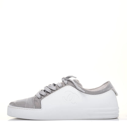 Chanel Calfskin Velvet Womens CC Sneakers 41.5 White Silver 1 of 11