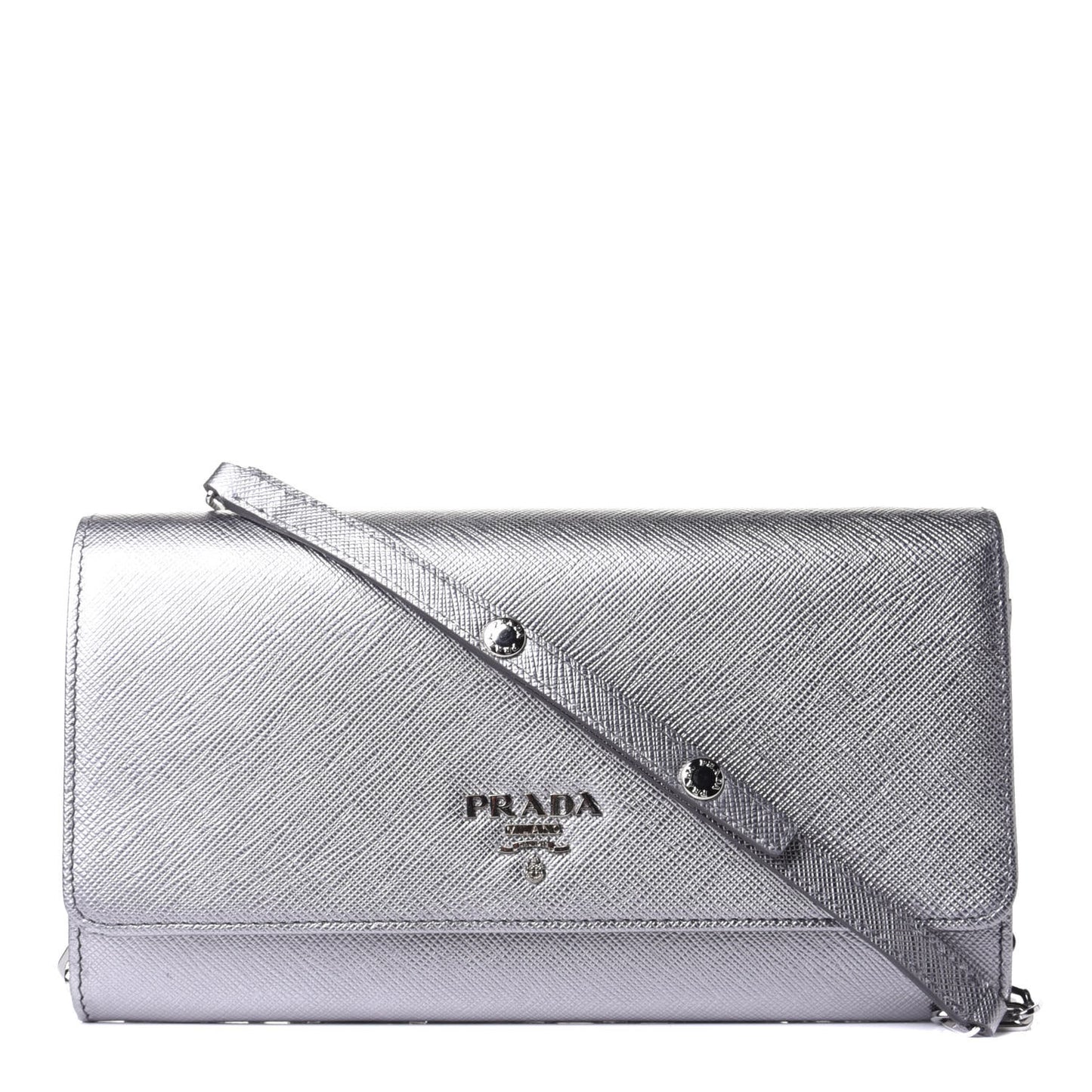 Metallic Saffiano Metal Chain Wallet Cromo