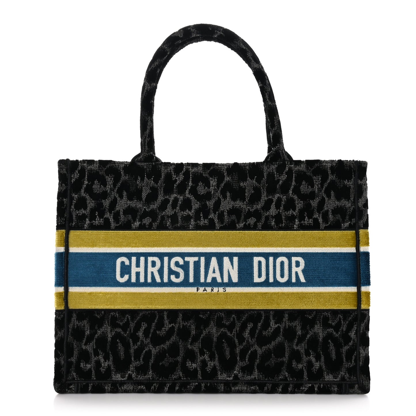 Velvet Mizza Embroidered Medium Leopard Book Tote Black Yellow Blue