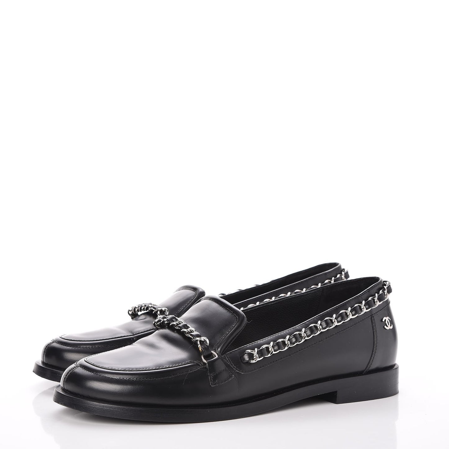 Calfskin CC Chain Moccasin Loafers 35 Black
