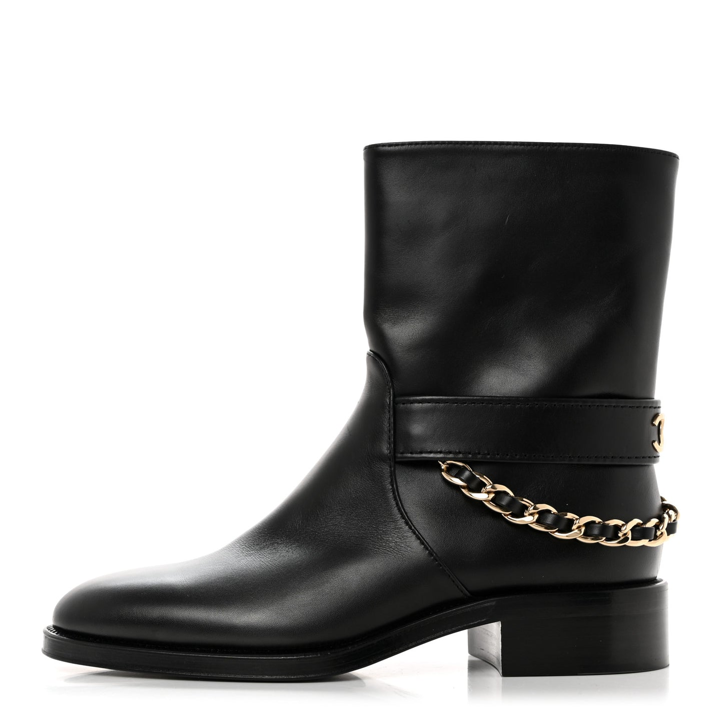 Calfskin Chain Short Boots 38 Black