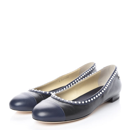 Chanel Lambskin Pearl Cap Toe CC Ballerina Flats 40 Black Navy 3 of 12