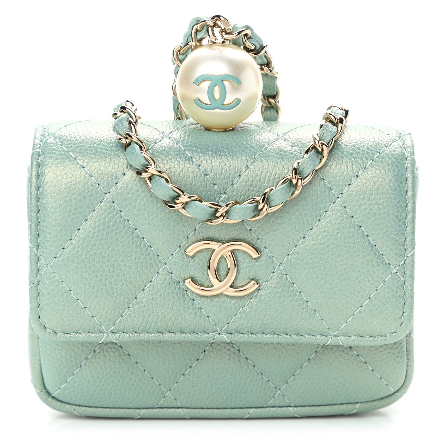 Iridescent Caviar Quilted Pearl Card Holder On Chain Green