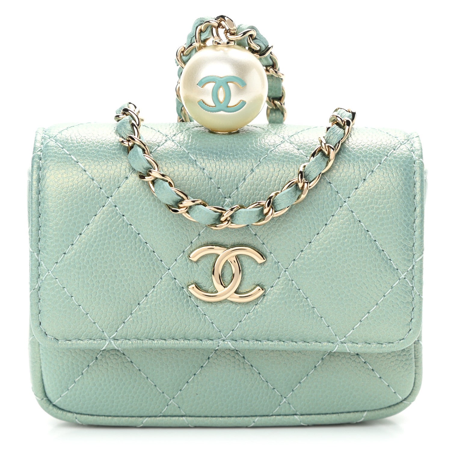 Chanel Iridescent Caviar Quilted Pearl Card Holder On Chain Green 1 of 11
