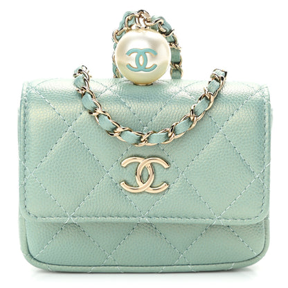Chanel Iridescent Caviar Quilted Pearl Card Holder On Chain Green 1 of 11