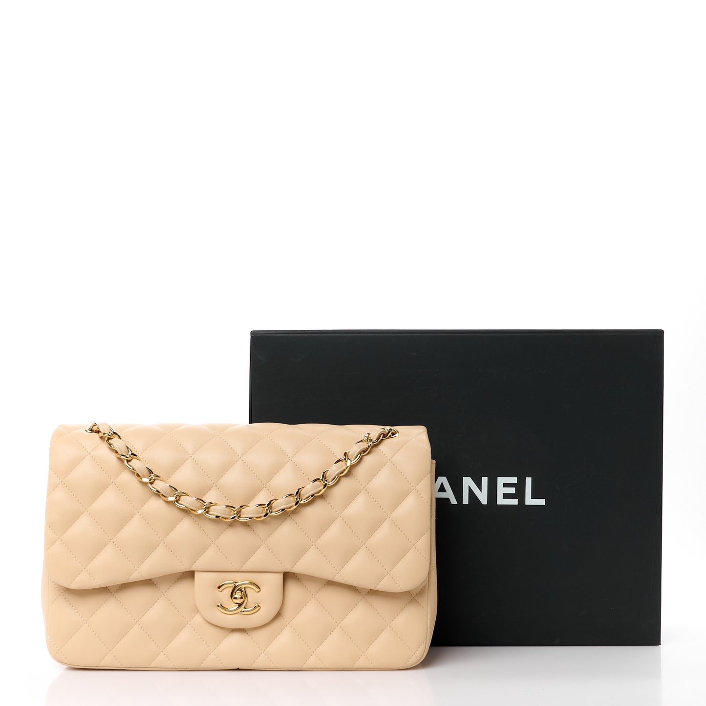 Lambskin Quilted Jumbo Double Flap Beige