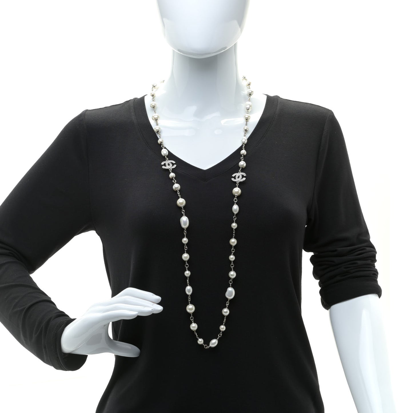 Graduated Pearl Crystal CC Long Necklace Silver