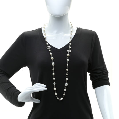 Chanel Graduated Pearl Crystal CC Long Necklace Silver 2 of 6