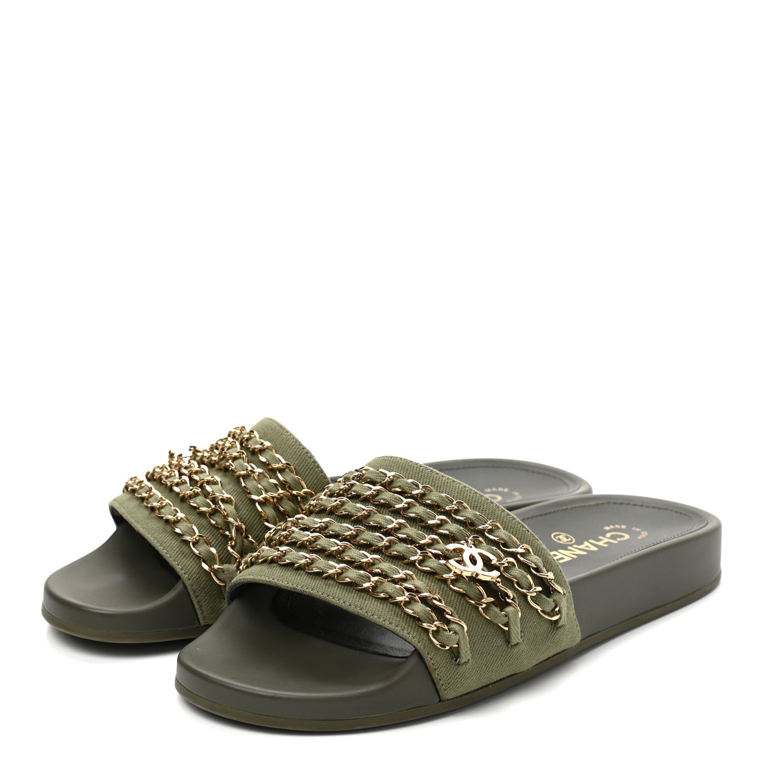 Chanel Canvas Chain Flat Sandals 38 Khaki 3 of 8