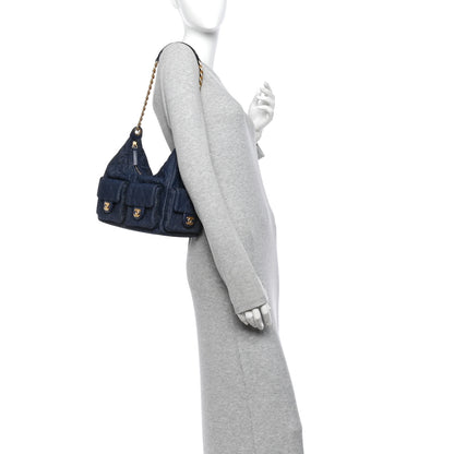 Chanel Washed Denim Quilted Maxi Trendy Pockets Hobo Dark Blue 2 of 10