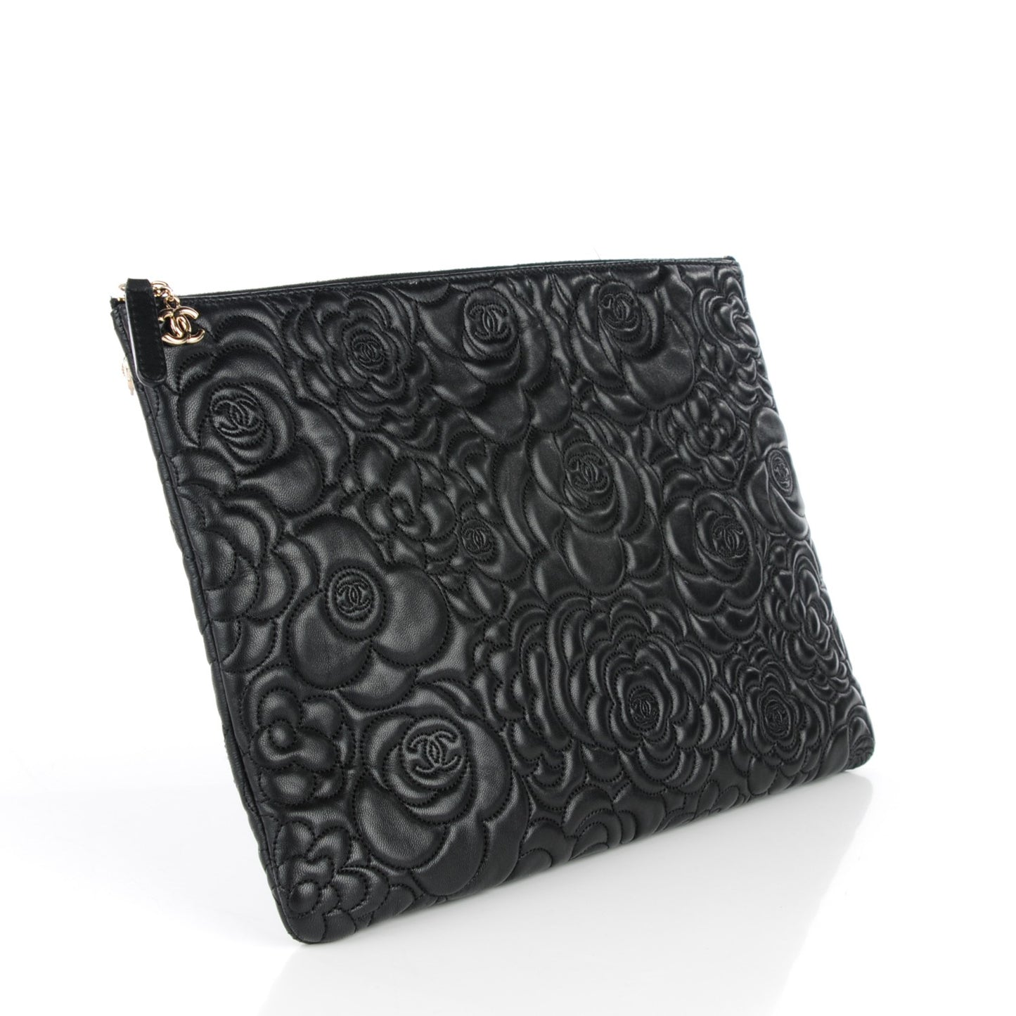 Lambskin Camellia Embossed Large Cosmetic Case Black