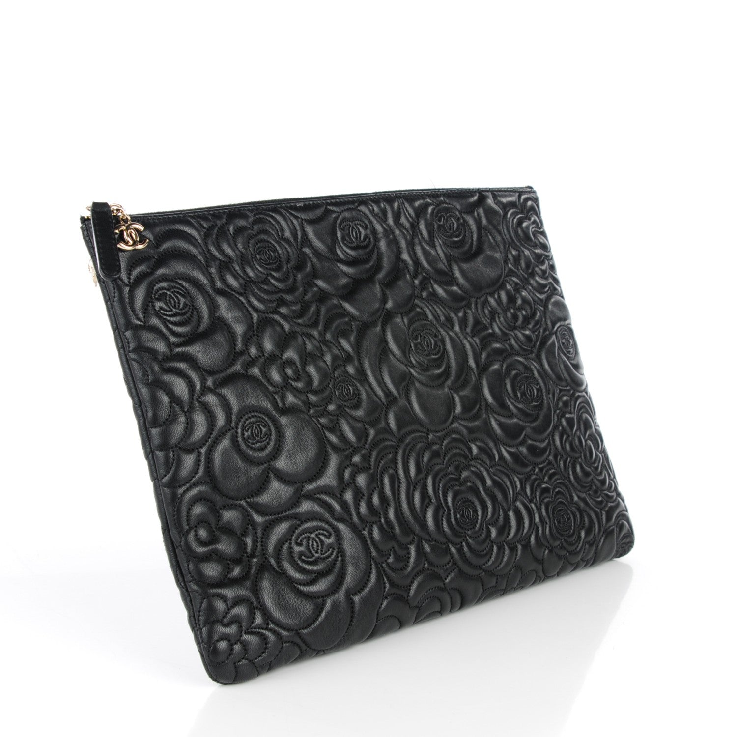 Chanel Lambskin Camellia Embossed Large Cosmetic Case Black 3 of 7