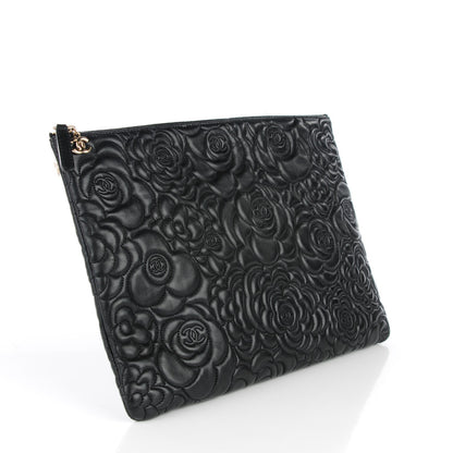 Chanel Lambskin Camellia Embossed Large Cosmetic Case Black 3 of 7
