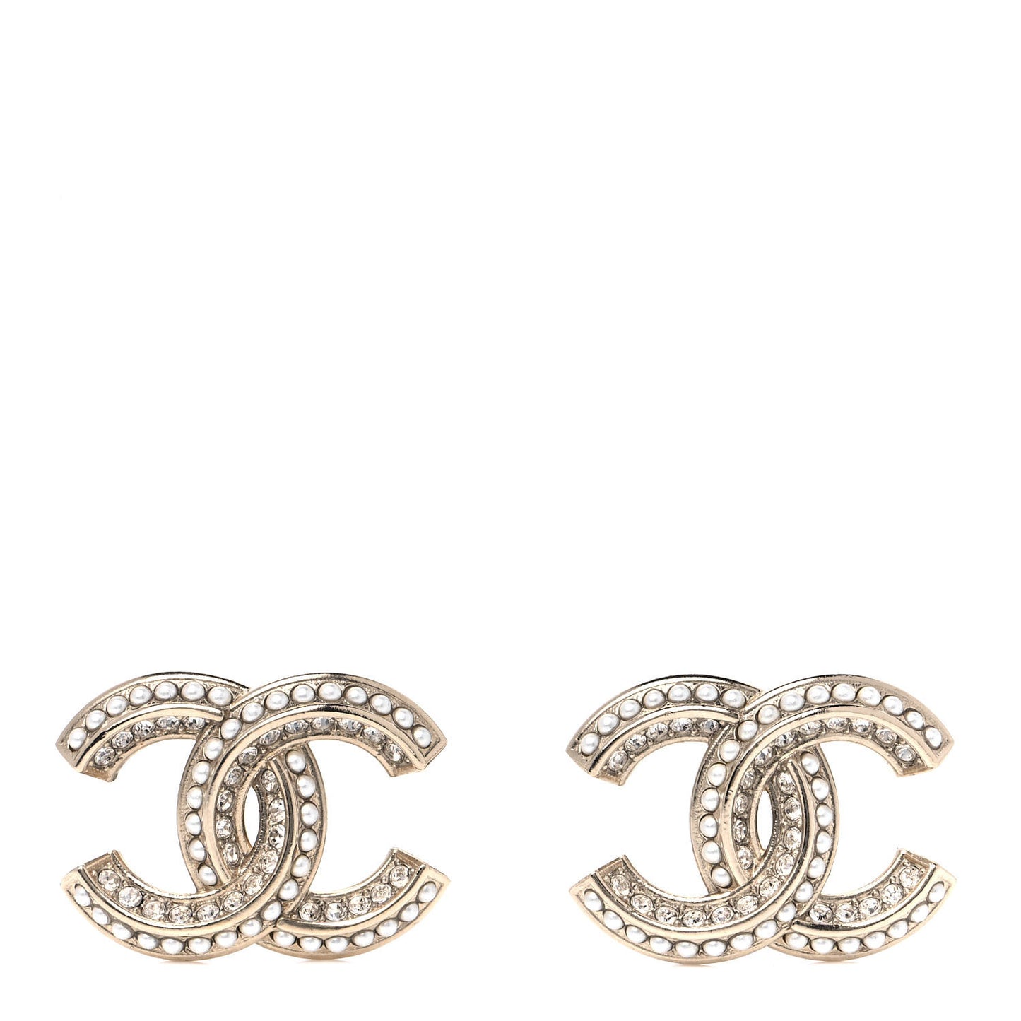 Crystal Pearl Chain Mania CC Earrings Gold