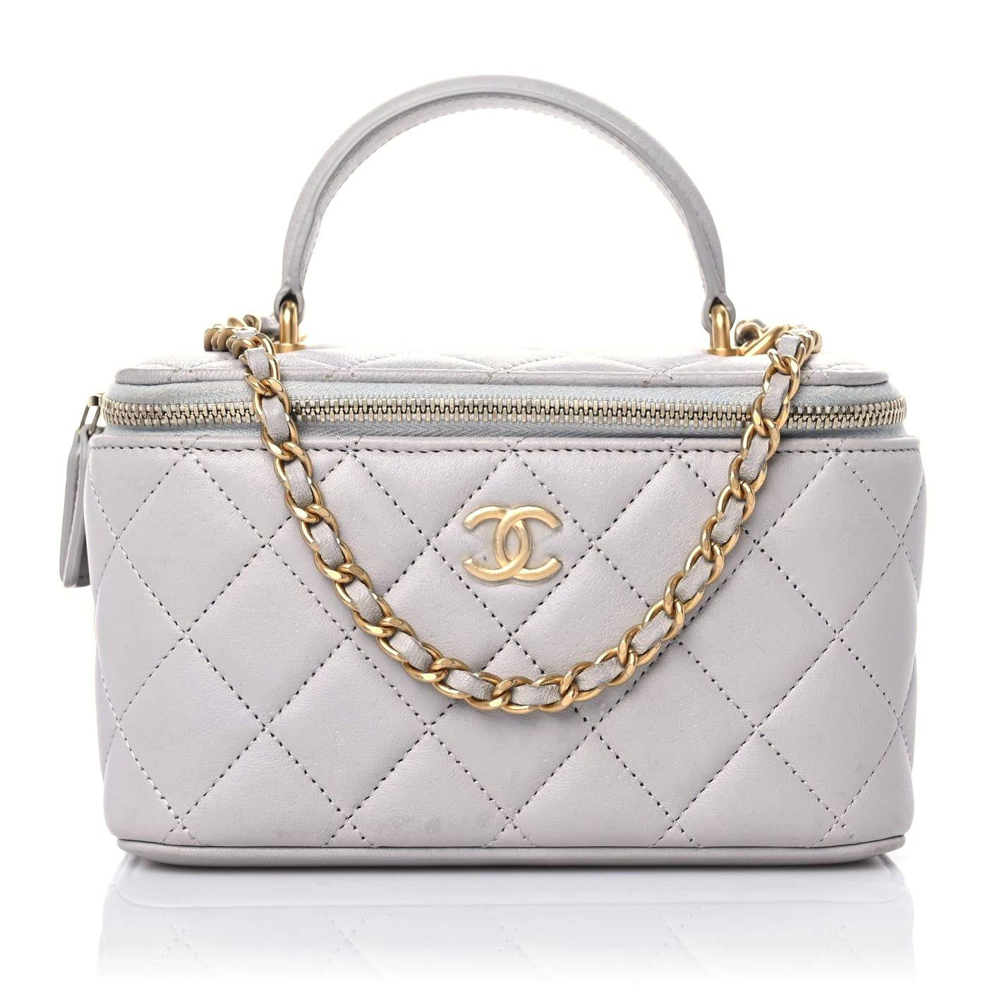 Lambskin Quilted Small Top Handle Vanity Case With Chain Light Grey