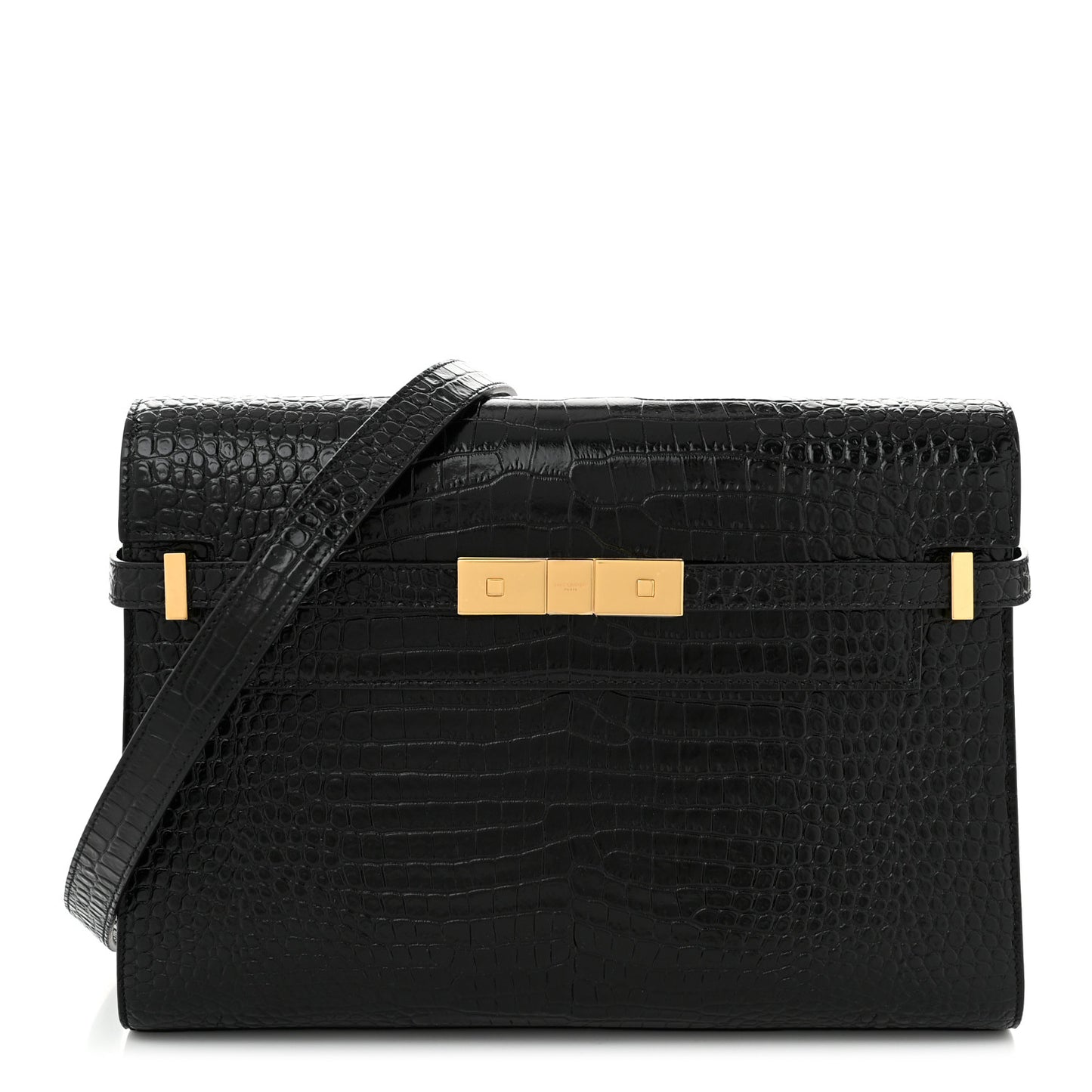 Shiny Calfskin Crocodile Embossed Manhattan Baguette Black