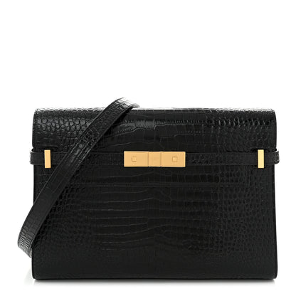 Saint Laurent Shiny Calfskin Crocodile Embossed Manhattan Baguette Black 1 of 10