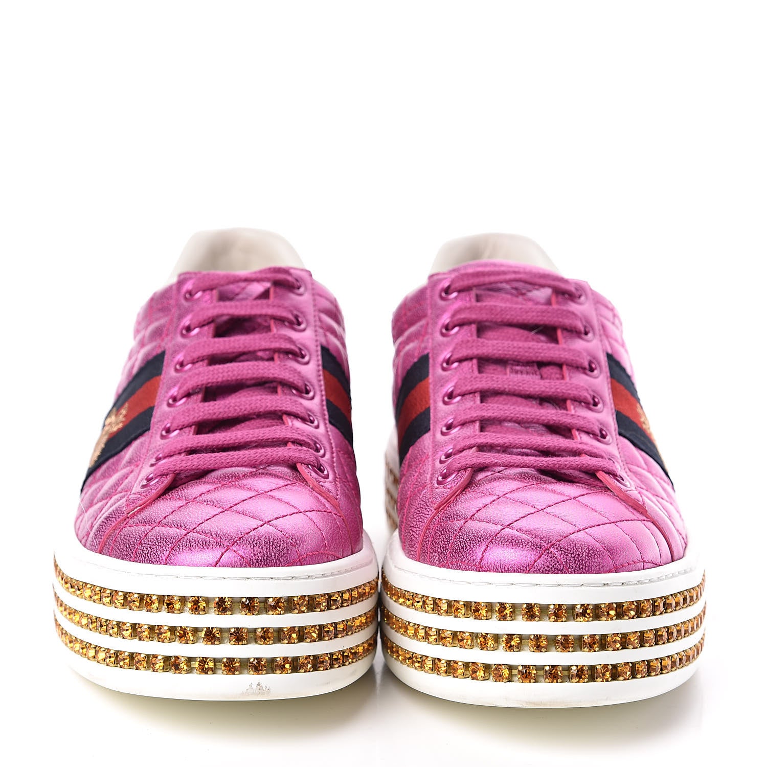 Gucci Laminated Nappa Crystal Web Bee Embroidered Trapuntata Womens Ace Platform Sneakers 38 Fuxia 2 of 10