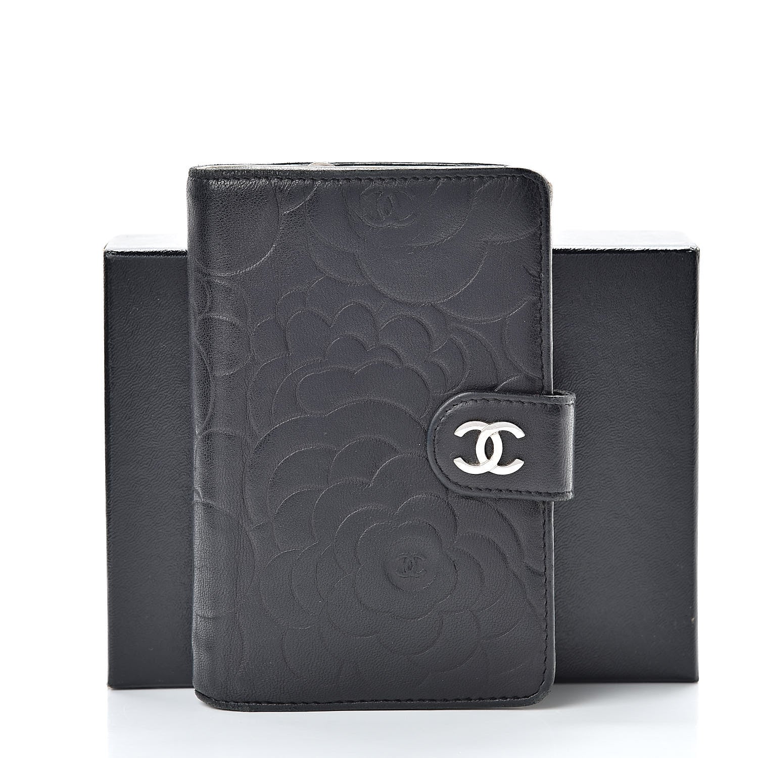 Chanel Lambskin Camellia Embossed Zipped Pocket Wallet Black 19 of 19