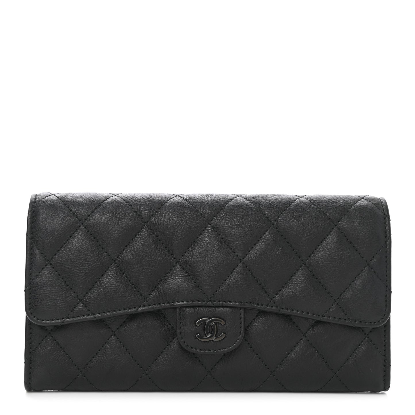 Crumpled Calfskin Quilted Large Flap Wallet So Black