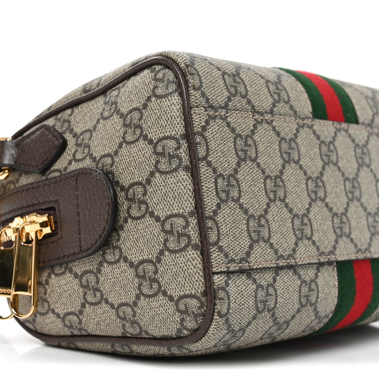 GG Supreme Monogram Textured Dollar Calfskin Web Mini Ophidia Top Handle Bag Beige Ebony New Acero
