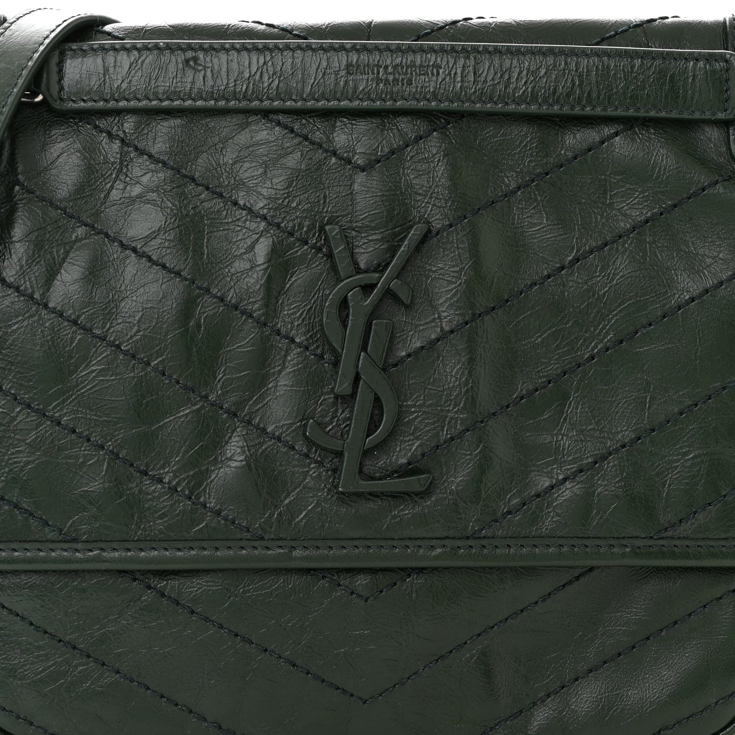 Crinkled Calfskin Matelasse Monogram Medium Niki Chain Satchel Military Olive