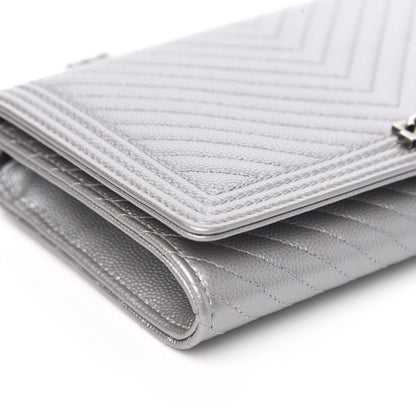 Chanel Metallic Caviar Chevron Quilted Boy Wallet On Removable Chain WOC Silver 10 of 14