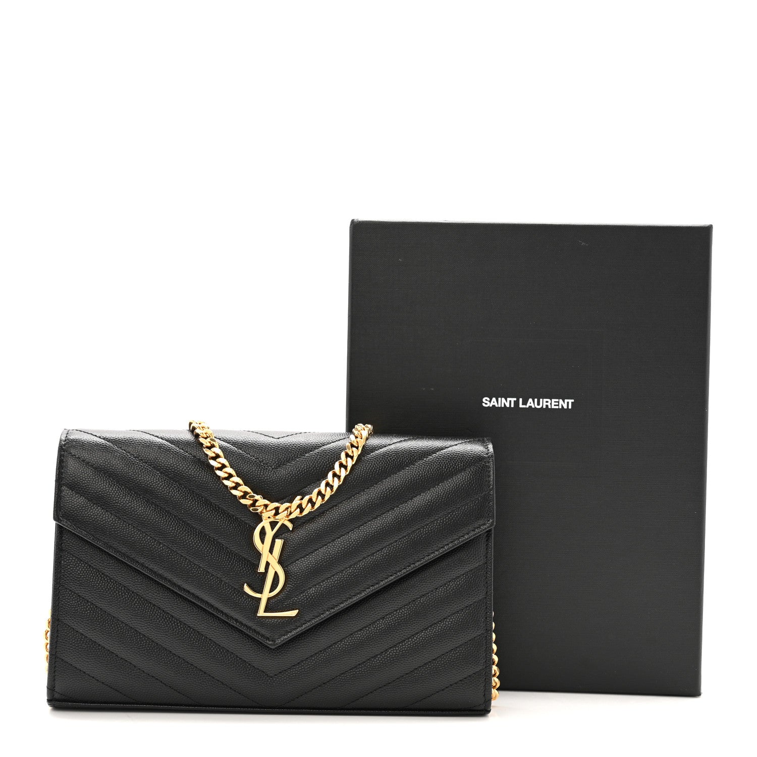 Saint Laurent Grain De Poudre Matelasse Chevron Monogram Chain Wallet Black 12 of 12