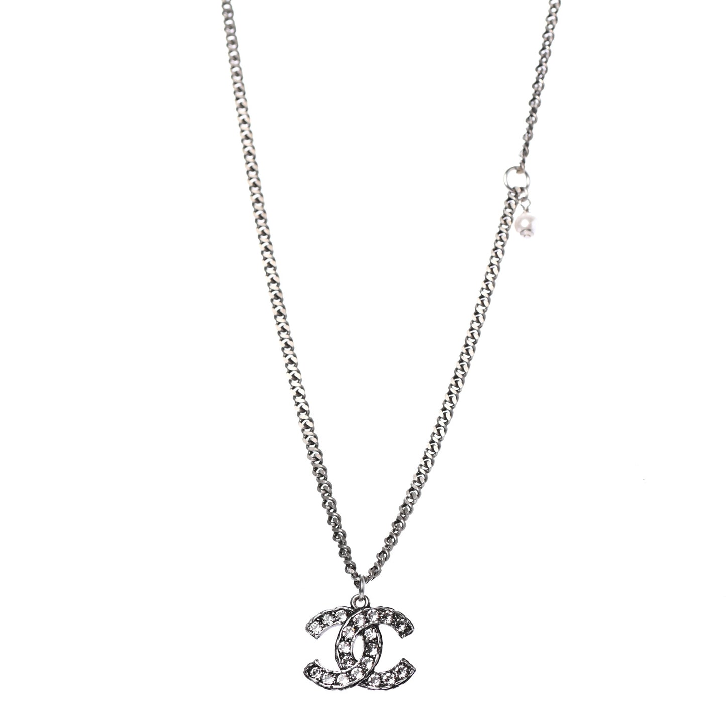 Pearl Crystal CC Pendant Necklace Silver