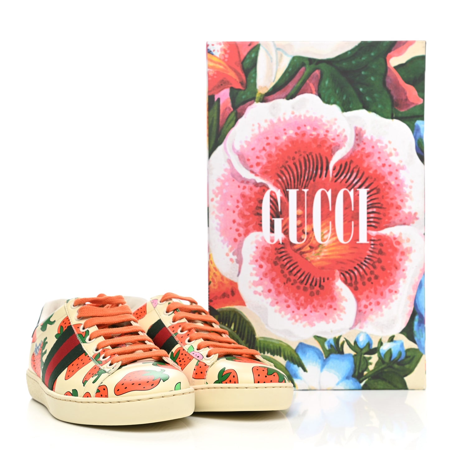 Calfskin Web Strawberry Print Womens Ace Sneakers 36 Ivory Red Green